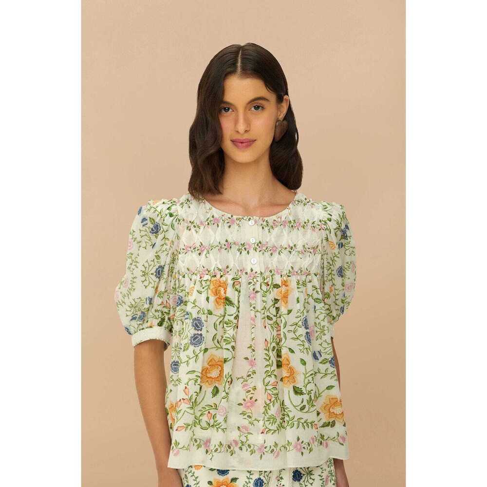 Folk Floral Off-White Scoop Neck Short Sleeve Blouse